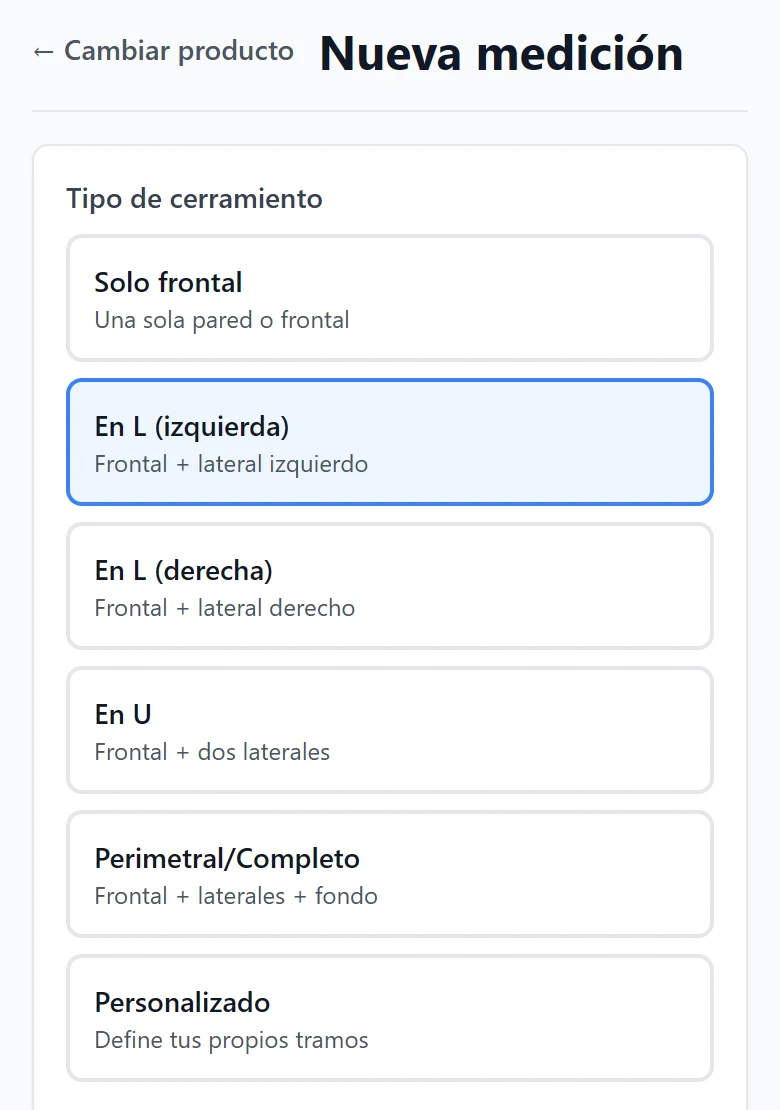 Formulario de medición: elegir la forma del cerramiento