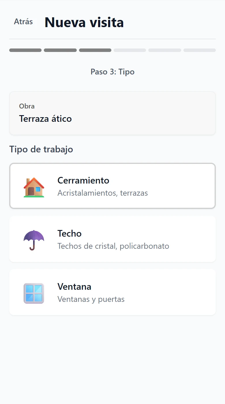 Asistente de nueva visita, paso 3 de 6: elegir el tipo de trabajo de la obra