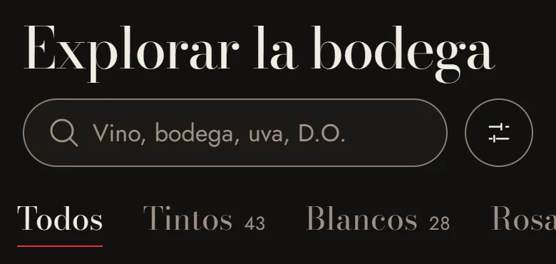 Explorar la bodega: buscador y pestañas por tipo de vino