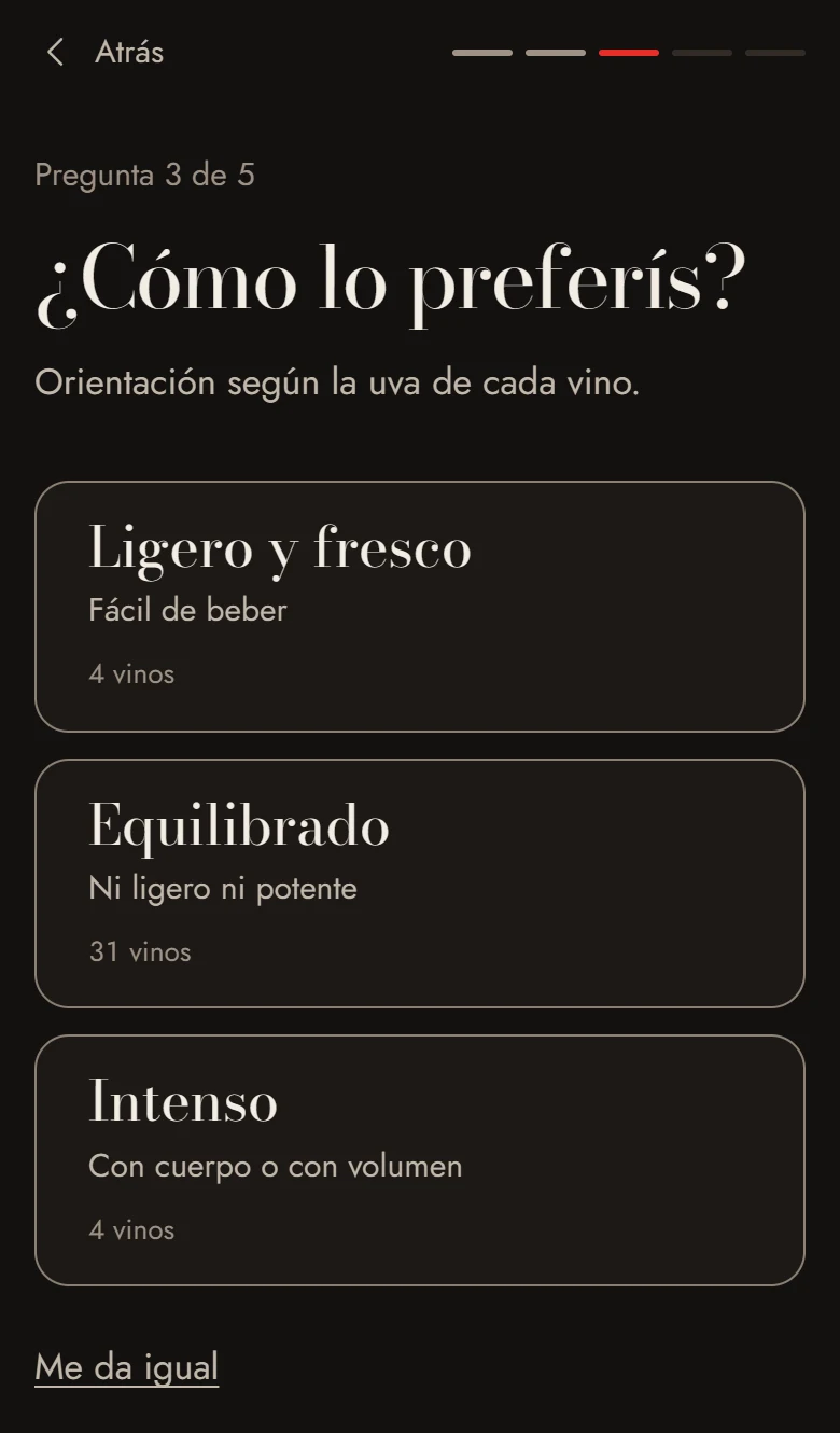 Sumiller, pregunta 3 de 5: intensidad del vino, que solo aparece para tintos y blancos