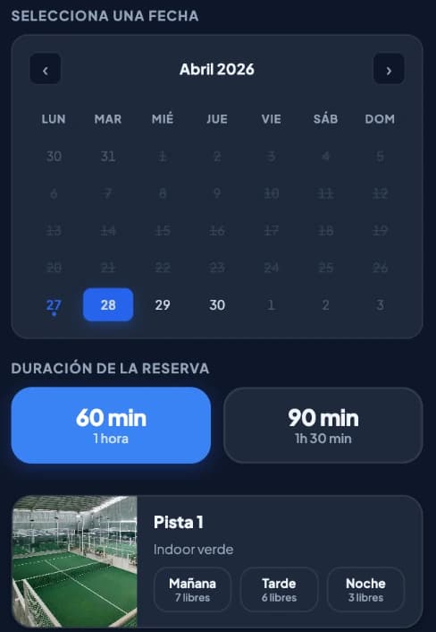 Pantalla de reserva: calendario, duración de 60 o 90 minutos y huecos libres por franja